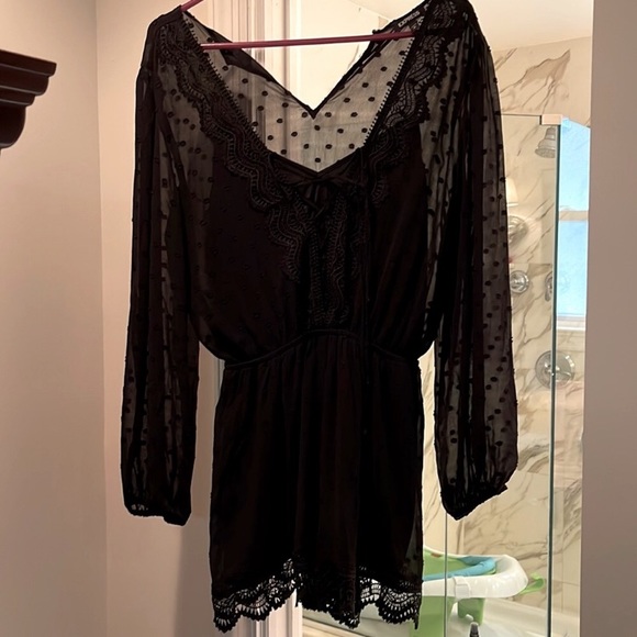 Express Black Clip Dot Sheer Chiffon Romper; tonal dot pattern and lace detail - Picture 2 of 8
